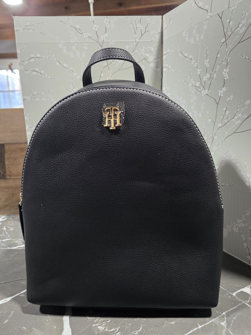Tommy Hilfiger Black Pebbled Leather Backpack with Gold Logo